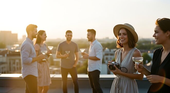 Friends socializing with wine glasses on rooftop at sunset