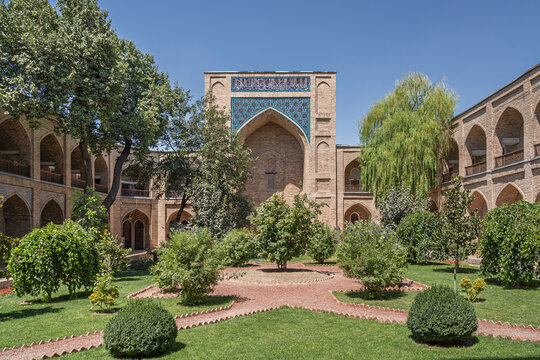 Scenic view of inner garden courtyard of Kukeldash madrasa, ancient religious and historic landmark, Tashkent, Uzbekistan
