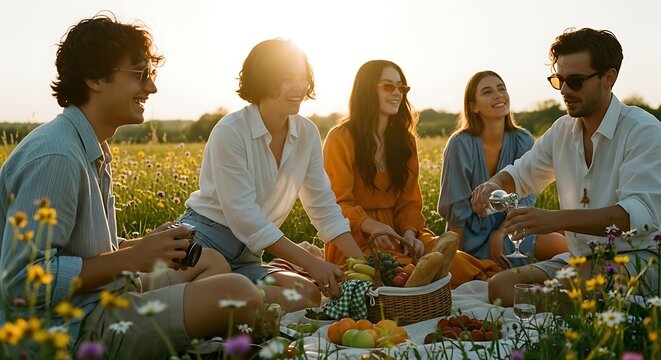 Friends having picnic in a field of flowers at sunset