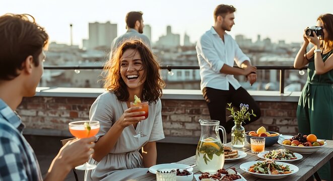 Friends toasting drinks on rooftop during social gathering