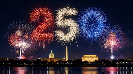 Obraz premium Spectacular fireworks display over Washington DC landmarks, celebrating 250th anniversary with vibrant colors and light show.