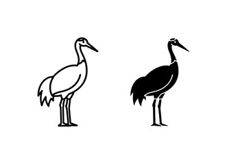 Fototapeta premium Crane Bird Icons: Silhouette and Outline Vector Art Set