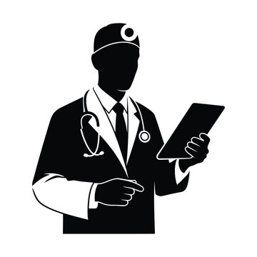 Professional doctor silhouette, medical practitioner with stethoscope and tablet, healthcare expert vector illustration