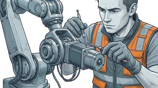Robot Maintenance: Engineer replacing servo motor in automation workshop
