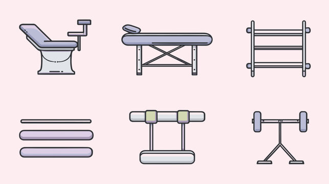 Various Fitness Equipment Including Weights, Bench, and Racks on Soft Pink Background