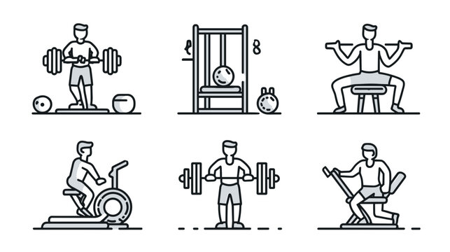 Various Fitness Exercises Including Weightlifting and Cardio Training in a Gym Setting