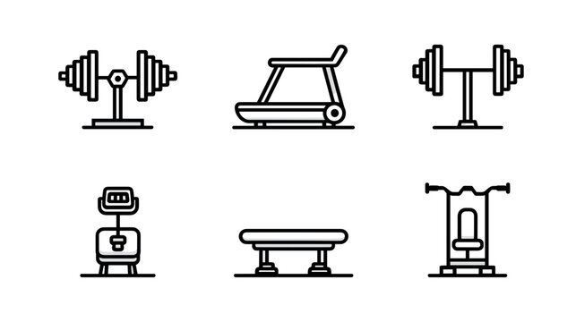 Various Gym Equipment Icons Including Weights, Treadmills, Bench Press and Cardio Machines