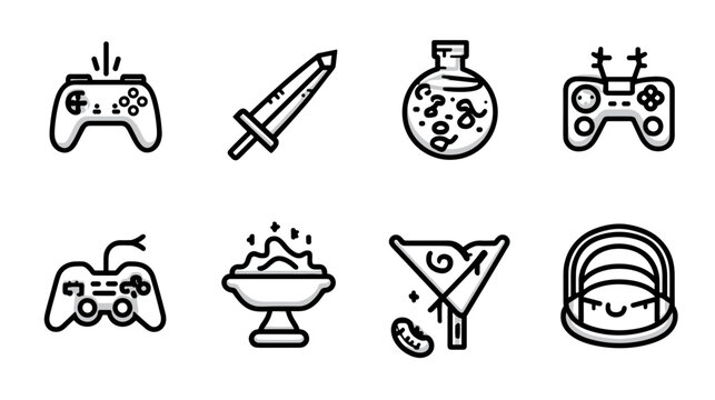 Various Gaming Icons Including Controllers, Swords, Potions, and Drinks In Playful Pixel Art Style