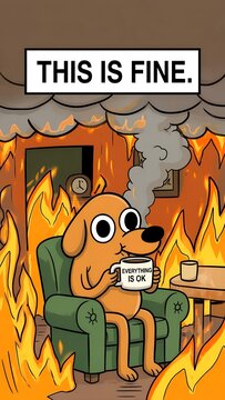 Cartoon Dog Meme Saying This Is Fine in Burning Room