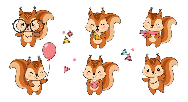 Cute Cartoon Squirrel Collection with Accessories and Poses