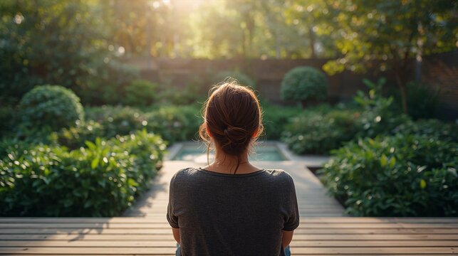 新緑の庭を眺めながらウッドデッキでくつろぐ人の後ろ姿