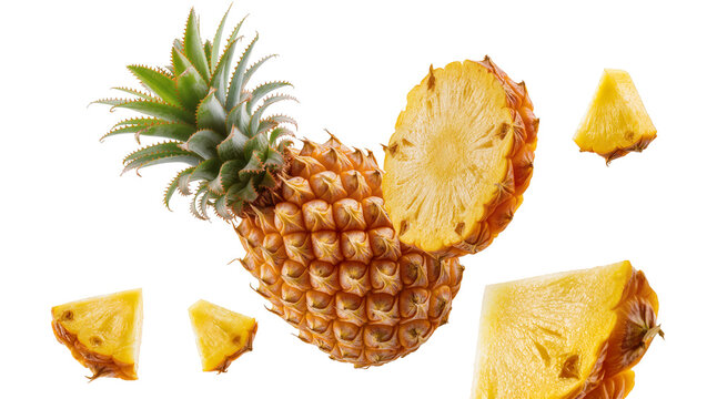 Whole pineapple with crown cut in half and slices