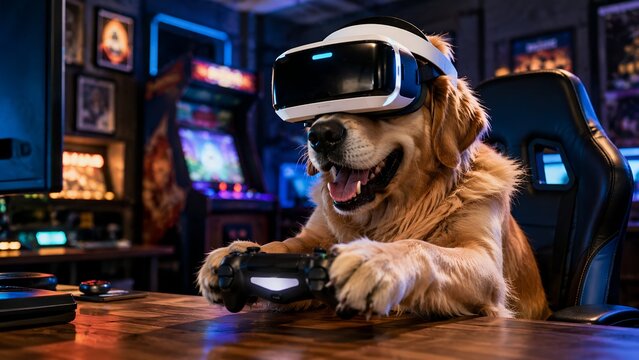 Golden Retriever Gamer Wearing VR Headset in Neon Gaming Room