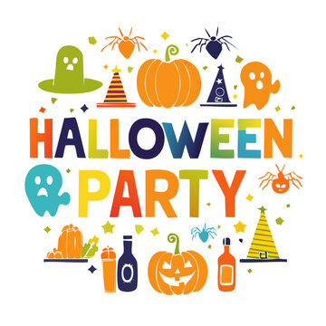 Halloween Party Illustration with Pumpkins, Ghosts, and Spiders