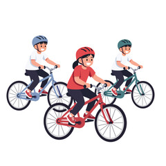 Fototapeta premium Three cheerful children wearing helmets ride bicycles in a line, enjoying outdoor activity with vibrant colors against a simple white background