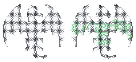 Fototapeta premium Dragon shape labyrinth game grid vector. Puzzle games for workbook with solution. Isolated on transparent background