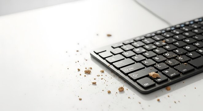 Crumbly keyboard on white desk surface.