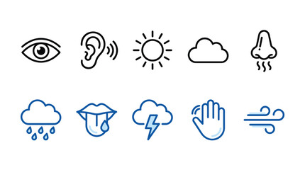 Obraz premium Minimalist five senses and weather icon set, 10 line vector icons for sensory perception and meteorology, black and blue outline symbols