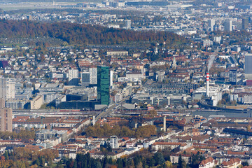 Fototapeta premium Aerial view of cityscape with Hardbrücke bridge and Prime Tower skyscraper at industrial district of Swiss city of Zürich on a sunny autumn day. Photo taken October 29th, 2025, Zurich, Switzerland.
