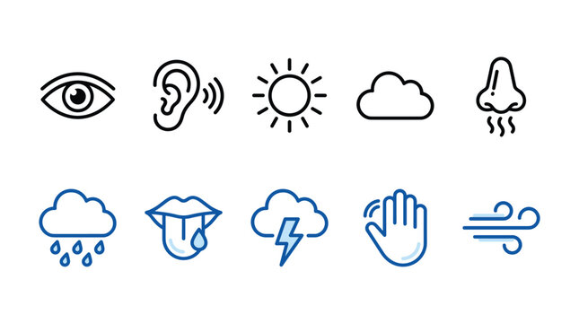 Minimalist five senses and weather icon set, 10 line vector icons for sensory perception and meteorology, black and blue outline symbols