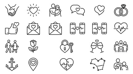 Fototapeta premium Minimalist love and romance line icons, 24 wedding and relationship vector symbols, black outline heart and couple graphics for dating apps