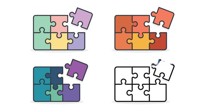 Jigsaw puzzle vector icons set, colorful puzzle pieces with missing part, business problem solving and teamwork concept illustration