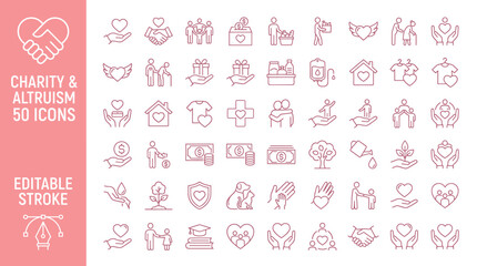 Charity and altruism 50 icons set, pink outline volunteer and donation vector symbols, humanitarian aid and community support line art collection © Iconify Studio