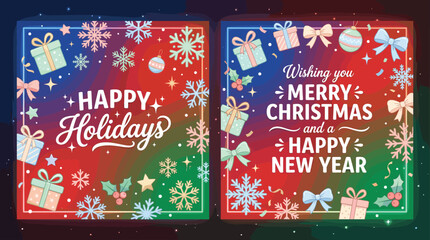 Merry Christmas and Happy New Year greeting cards, festive holiday vector set with snowflakes and gift boxes, colorful seasonal social media posts © Iconify Studio