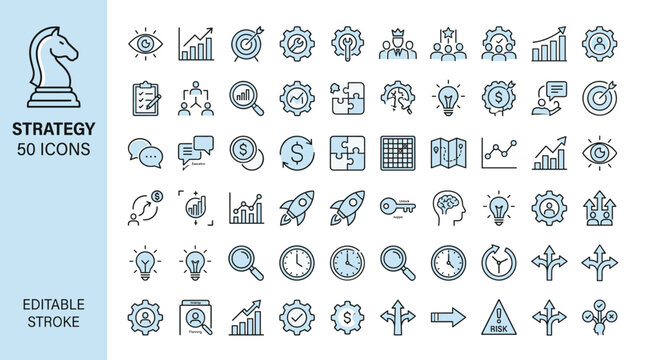 Strategy business icon set, 50 line icons for corporate planning and marketing, editable stroke vector symbols for financial growth and management