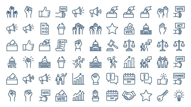 Election and voting line icons set, 60 political campaign vector symbols, government and democracy outline graphics for civic engagement