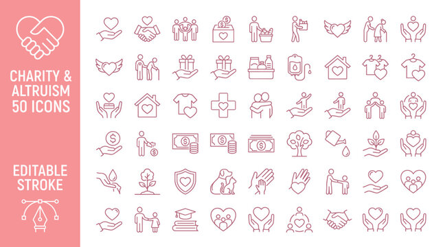 Charity and altruism 50 icons set, pink outline volunteer and donation vector symbols, humanitarian aid and community support line art collection