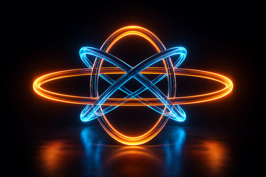 atom model with glowing rings orange blue science