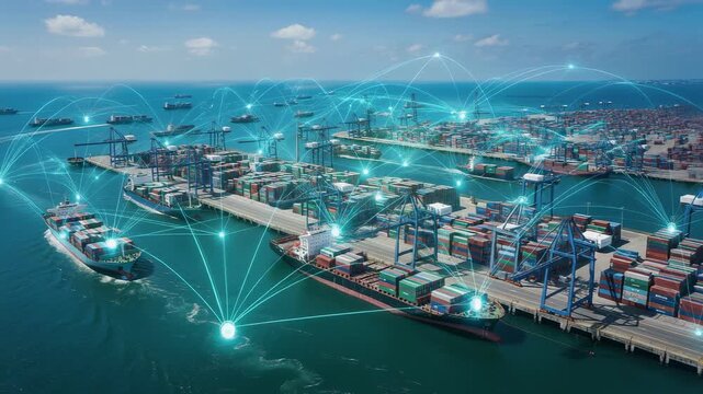 A bustling container port connected through a smart network system showing real time data and logistics management
