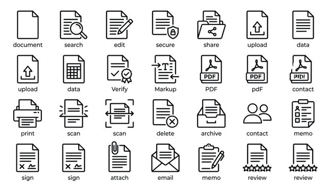 Minimalist document icon set, 28 black line file management symbols, professional office data and paperwork vector icons for web and app UI
