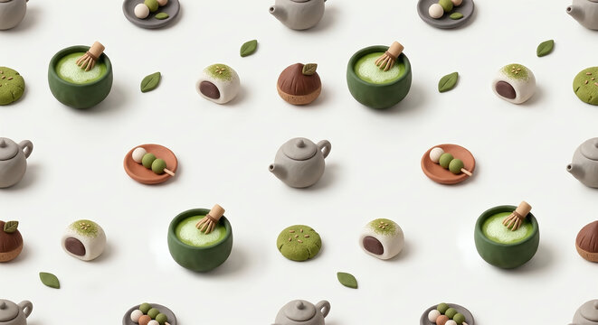 3D clay matcha green tea flat lay pattern with teapots , dango, cookies, and daifuku, cute white japanese sweets wallpaper background