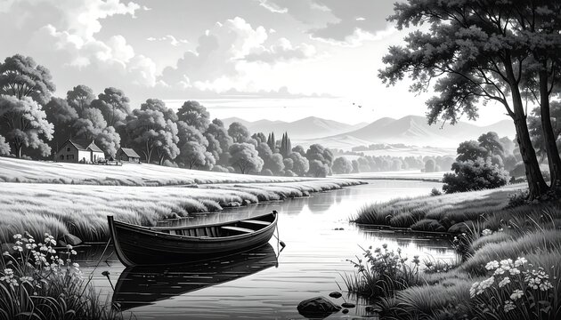 Black and white landscape featuring a tranquil river, a small boat, grassy banks, distant hills, and serene clouds