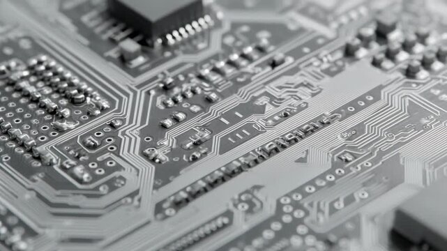 Close up view of a silver circuit board with intricate electronic pathways and components technology background