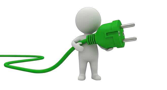 Person Holding Green Power Plug in Hand on White Background