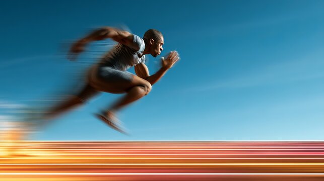 A dark-skinned man runs quickly across a track during a vibrant sunset