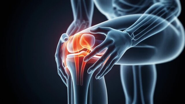 Detailed animation showing glowing ligaments and inner structure of human knee joint anatomy