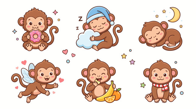 Cute Cartoon Monkey Sticker Set with Various Poses and Actions
