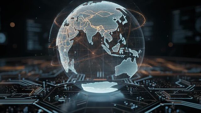 Glowing digital globe with detailed continents and animated circuit board lines representing global technology and connectivity