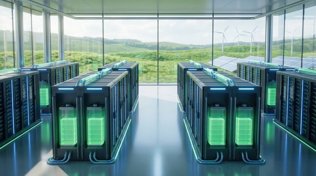 Modern data center with rows of glowing green battery storage units and servers in a bright, clean facility