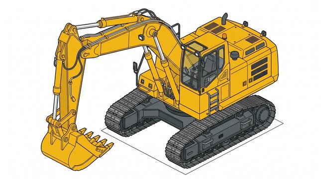 Yellow tracked excavator with a long arm and bucket. Used for digging, moving dirt, and demolition work.
