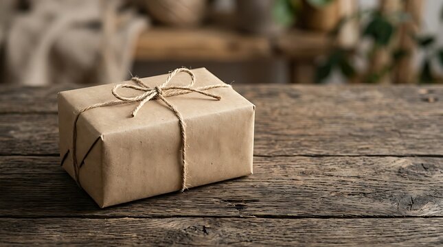 Vintage Brown Paper Parcel Wrapped with Jute Twine on Wooden Table