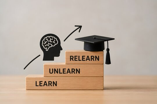 Learning process with steps for Learn, Unlearn, and Relearn concept with graduation cap.