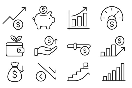 Financial growth icons set featuring investment and savings symbols