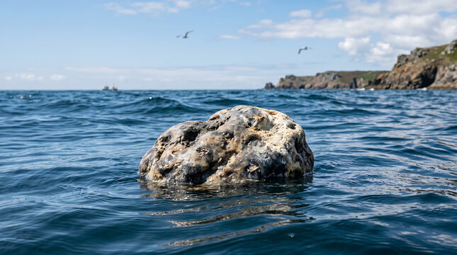 Mysterious ambergris residue floating on rugged ocean waves under dramatic coastal sunlight