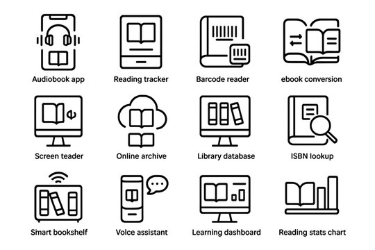 Icons of audiobook apps, screen readers, and ebook conversion tools