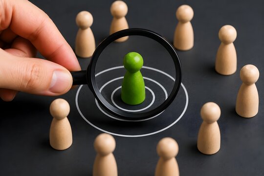 A hand holding a magnifying glass over a green pawn in a group of wooden pawns for the concept of target audience and individual focus.